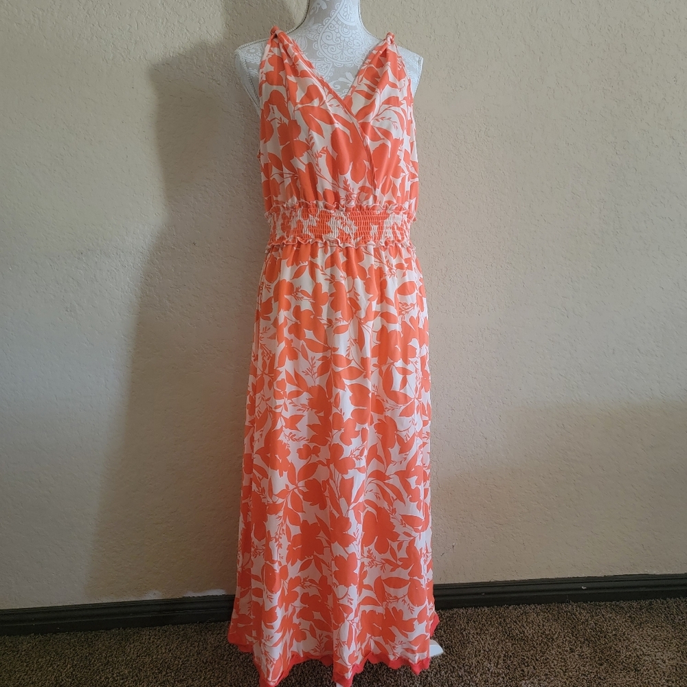 Women's Faux Wrap Orange Long Dress Sz L